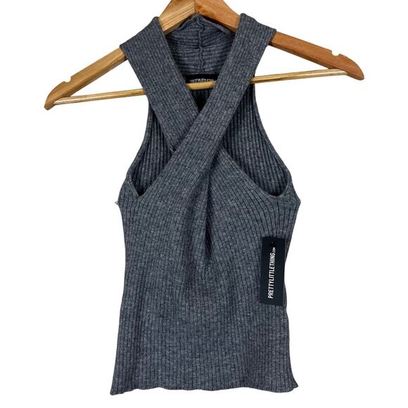 NWT PrettyLittleThing Tall Knitted Rib Cross Front Top Womens 10 Gray Minimalist - Picture 3 of 7